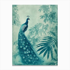 Vintage Peacock With Tropical Leaves Cyanotype Inspired 3 Canvas Print
