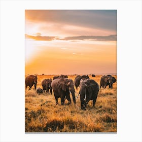 Herd Of Elephants At Sunset Canvas Print