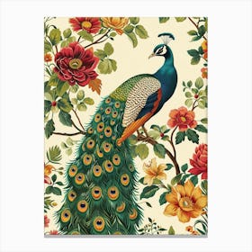 Vintage Peacock Wallpaper With Vibrant Flowers  1 Canvas Print