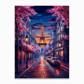 Lofi Anime Art: Serene Paris street at sunset, with the Eiffel Tower in the distance. Pink cherry blossoms frame the glowing windows and streetlights, creating a nostalgic, romantic ambiance. Canvas Print