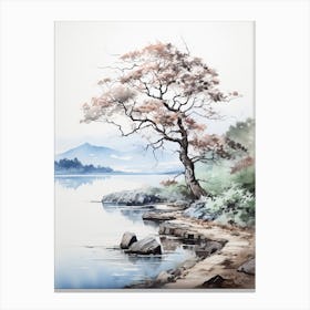 Lake Toya In Hokkaido, Japanese Brush Painting, Ukiyo E, Minimal 4 Canvas Print