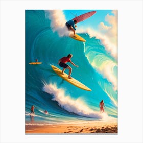 Surfers On A Wave Canvas Print