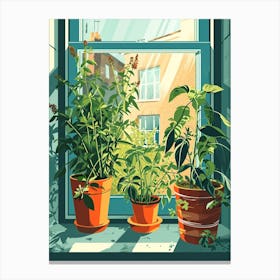 Sweet Illustrations Of Potted Herbs On The Windowsil 3 Canvas Print