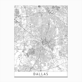Dallas White Map Canvas Print