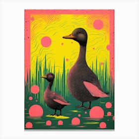 Linocut Inspired Ducks With The Cattails Canvas Print