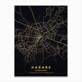 Harare Zimbabwe Black And Gold Map Canvas Print