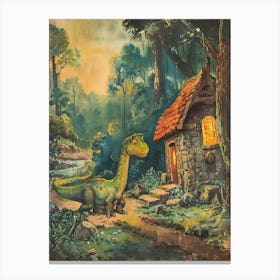 Cute Dinosaur Returning Home In The Trees Storybook Painting Canvas Print