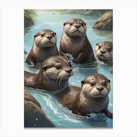 Cute Otter Family in River Canvas Print