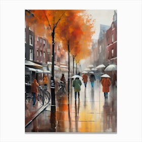 Amsterdam cafes, autumn season, rain, autumn oil colours.Faded colours,People passing on the street, winter clothes, rain umbrellas.3 1 Canvas Print