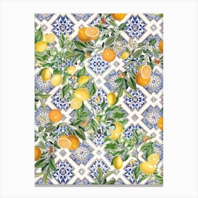 Blue azulejos tiles, lemons and oranges Canvas Print