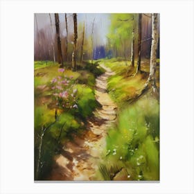 Path In The Woods.Canada's forests. Dirt path. Spring flowers. Forest trees. Artwork. Oil on canvas.8 Canvas Print