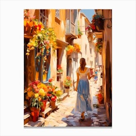 Woman Walking Down A Narrow Street Canvas Print