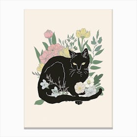 Cute Black Cat With Flowers Illustration 2 Canvas Print