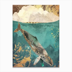 Whale Ocean Painting Gold Blue Effect Collage 1 Canvas Print