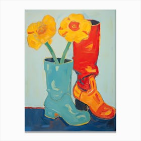 Painting Of Orange Flowers And Cowboy Boots, Oil Style 7 Canvas Print