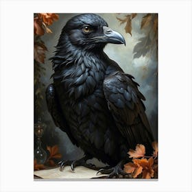 A majestic black raven clutching a sealed letter in its beak, radiating an aura of mystery and intelligence. The bird's sleek feathers glisten in the moonlight, giving off a sense of otherworldly elegance. This captivating scene is depicted in a beautifully detailed oil painting, capturing every nuance of the creature's striking presence. The intricate brushstrokes and rich color palette elevate this piece to a masterpiece of avian artistry Canvas Print