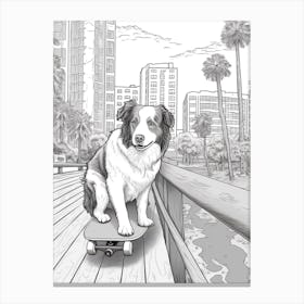 Border Collie Dog Skateboarding Line Art 4 Canvas Print