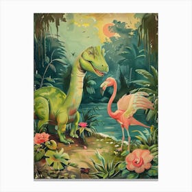 Dinosaur & Flamingo Vintage Storybook Painting Canvas Print