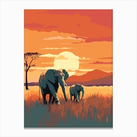 Sunset Elephants in Savana Canvas Print