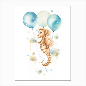 Baby Seahorse Flying With Ballons, Watercolour Nursery Art 4 Canvas Print