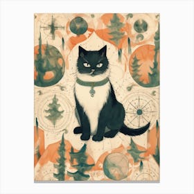 Royal Black Cat With Medieval Forest & Compass Canvas Print