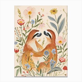 Folksy Floral Animal Drawing Sloth Canvas Print