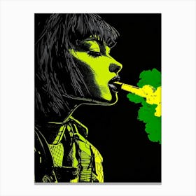 Girl Smokes A Cigarette Green Black Canvas Print