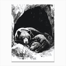 Malayan Sun Bear Family Sleeping In A Cave Ink Illustration 1 Canvas Print