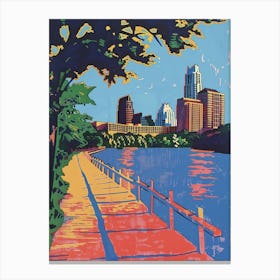 Lady Bird Lake And The Boardwalk Austin Texas Colourful Blockprint 2 Canvas Print