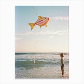 An Endearing Scene Of A Child Amused With A Weightless Oversized Candy Stripe Fish Floating Above (8) Canvas Print