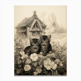 Sepia Drawing Of Kittens With A Medieval Village 3 Canvas Print