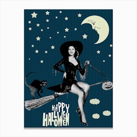 Pin Up Girl Posing On A Broom Under Halloween Moon and Stars Canvas Print