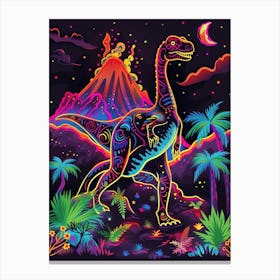Neon Dinosaur With Volcano 1 Canvas Print