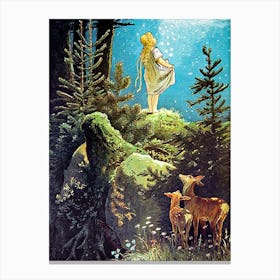 "The Star Money" (Die Sterntaler) 1882 by Victor Paul MOHN - Paraulas - Vintage Golden Age Children's Illustration of Girl With a Dress Full of Stars in the Forest With Deer HD Remastered Canvas Print