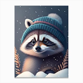 Raccoon In The Snow With Ear Poking Out Of Beanie  Canvas Print
