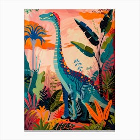 Colourful Dinosaur In The Leaves Painting 1 Canvas Print
