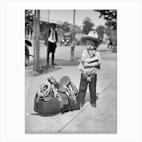 Little Cowboy With Saddle Black and White Vintage Photo Canvas Print