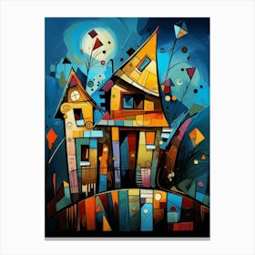 Fairytale House at Night 1, Abstract Vibrant Colorful Cubism Style Canvas Print