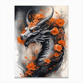Japanese Dragon Abstract Flowers Painting (10) Canvas Print