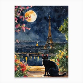 The Black Cat in Paris - Black Cat Travels Series Visiting The Eiffel Tower on a Full Moon Iconic France   Traditional Watercolor Art Print Kitty Travels Home and Room Wall Art Cool Decor Klimt and Matisse Inspired Modern Awesome Cool Unique Pagan Witchy Witches Familiar Gift For Cat Lady Animal Lovers World Travelling Genuine Works by British Watercolour Artist Lyra O'Brien Canvas Print
