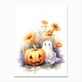Cute Ghost With Pumpkins Halloween Watercolour 136 Canvas Print