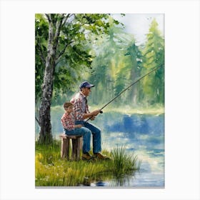 Grandfather And Son Fishing Canvas Print