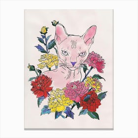 Cute Devon Rex Cat With Flowers Illustration 1 Canvas Print