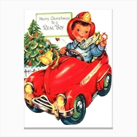 Little Boy In His New Toy A Fire Track, Christmas Greeting Canvas Print