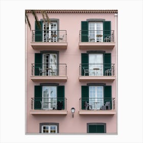 Pink Building With Green Shutters Canvas Print