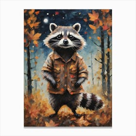 Cottagecore Rocket Raccoon in Autumn Forest - Acrylic Paint Fall Raccoon in Shirt with Falling Leaves at Night, Perfect for Witchcore Cottage Core Pagan Tarot Celestial Zodiac Gallery Feature Wall Beautiful Woodland Creatures Series HD Canvas Print