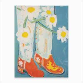 Painting Of Flowers And Cowboy Boots, Oil Style 2 Canvas Print