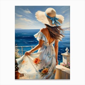 Woman in summer dress looking at the sea 7 Canvas Print