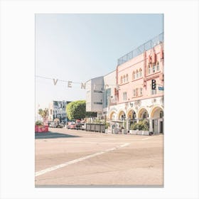 Los Angeles, USA I Venice sign at sunrise at Venice beach in pastel pink summer colors aesthetic photography with West coast Pacific coastal seaside architecture and a boho vibes retro vintage ambience Canvas Print