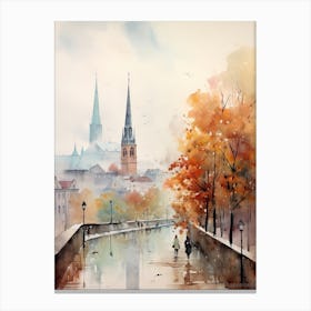 Oslo Norway In Autumn Fall, Watercolour 2 Canvas Print